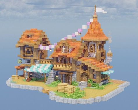 Minecraft Bee Shop, Small Town Minecraft, Minecraft Snail Build, Minecraft Village Buildings, Minecraft Whimsical Builds, Colorful Minecraft Builds, Minecraft Village Layout, Cute Minecraft Village Ideas, Cute Minecraft Shops