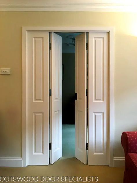 A stylish set of bifolding Victorian internal doors for dividing two rooms. These versatile doors have been cleverly hung on hinges with no need for a track system. Instead, they open in the centre and neatly fold away to either side, leaving a large open doorway for free flow of people between the two rooms. Alternatively, just the central two doors can be opened, leaving a narrower aperture. These bifolding Victorian internal doors have been fully painted white. Interior Doors For Large Openings, Door Between Two Rooms, Large Doorway Doors, Bifold Doors Internal, Internal Bifold Doors Living Room, Victorian Bifold Doors, Bi Fold Internal Doors, Bifold Door Room Divider, Bifold Double Doors