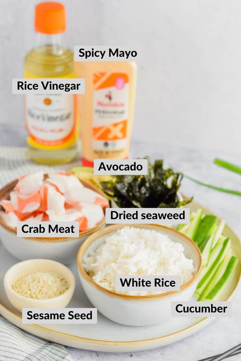 California Roll Bowl Recipe, California Roll Bowl Easy, California Sushi Roll Bowl, California Rolls Recipe Easy, Sushi Bowl Recipe California Rolls, California Roll Cucumber Salad, Crab Poke Bowl, California Sushi Bowl, California Roll Bowl