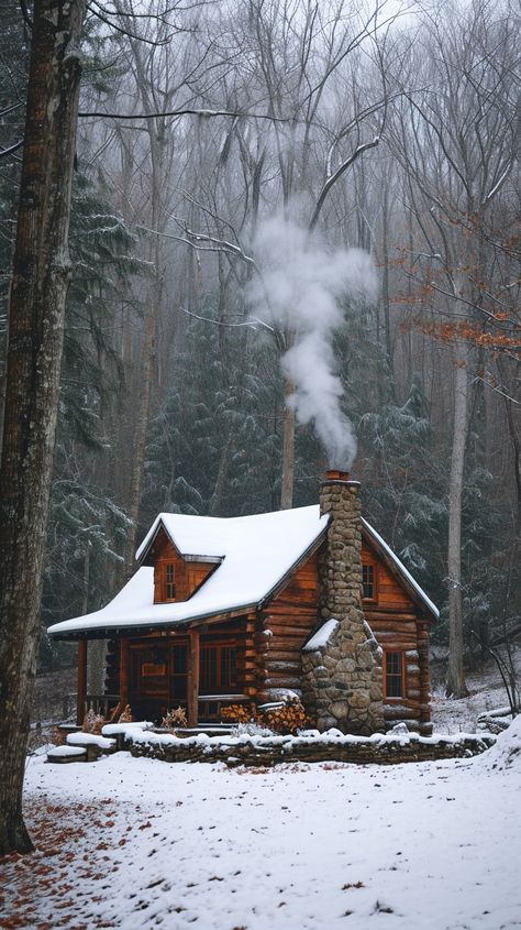 Cozy Winter Cabin: A secluded log cabin with smoke rising from the chimney sits peacefully in a snowy forest. #winter #cabin #snow #forest #smoke #chimney #trees #secluded #aiart #aiphoto #stockcake https://ayr.app/l/FJr1 Cozy Snow Cabin, Cozy Cabin In The Woods Aesthetic, Wood Cabin In Forest, Cabin In Forest Aesthetic, Snowed In Cabin, Cabins In Winter, Building Log Cabin, Alaska Cabin Interior, Cabin In Winter Woods