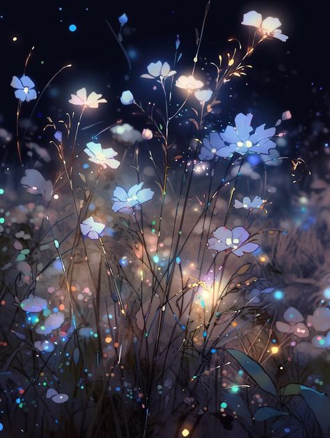 Flowers And Stars Aesthetic, Magical Anime Wallpaper, Glowing Flowers Wallpaper, Aesthetic Night Anime, Glowing Flowers Aesthetic, Flowers Anime Aesthetic, Magic Flower Fantasy Art, Anime Flower Aesthetic, Anime Night Wallpaper