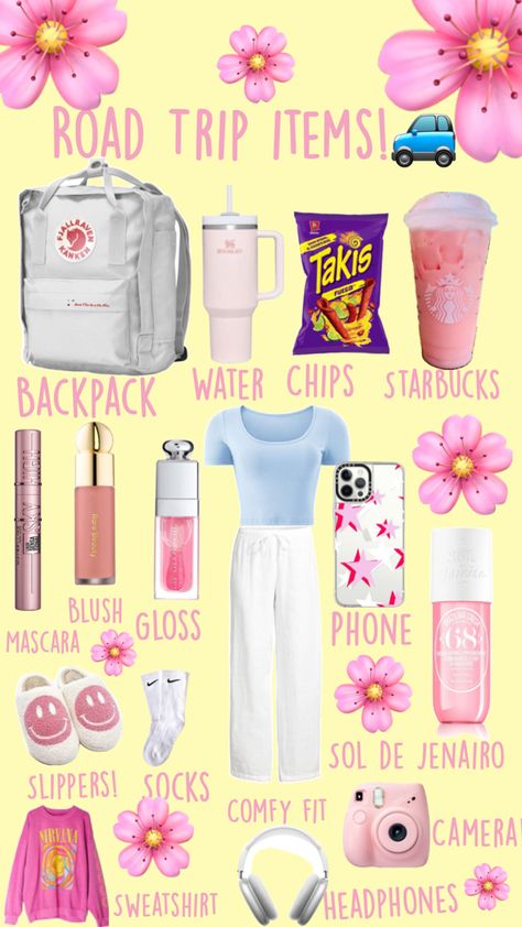 Preppy Road Trip, Road Trip Supplies, Trip Supplies, Road Trip Stuff, Road Trip Outfits, Girly Gifts Ideas, Road Trip Kit, Preppy Travel, Pack For A Trip