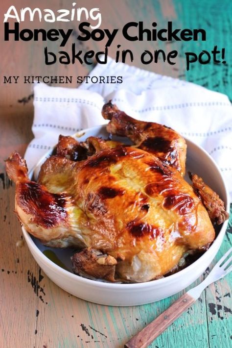 Honey Soy Chicken baked in one pot | My Kitchen Stories Whole Baked Chicken, Honey Soy Chicken, Chicken Baked, Soy Chicken, Whole Chicken Recipes, Chinese Cooking Wine, Gluten Free Soy Sauce, Honey And Soy Sauce, Honey Soy