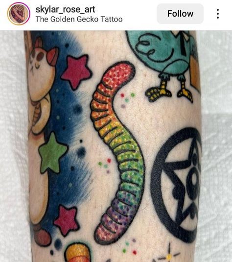 Gummy Worm Drawing, Gummy Worm Tattoo, Candy Tattoo Ideas, Gummy Bear Tattoo, Worm Tattoo, Worm Drawing, Traditonal Tattoo, Pastel Tattoo, Candy Tattoo