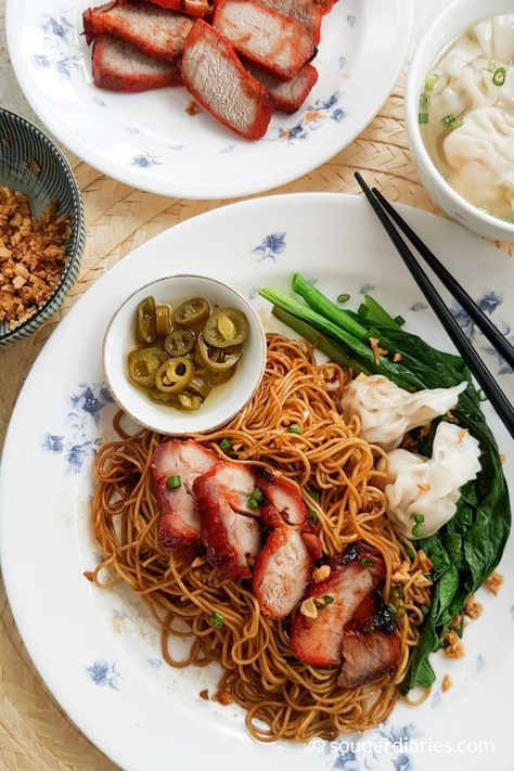 In this dry wonton noodles recipe, wontons, char siu (Chinese BBQ pork) and choy sum are served on a bed of egg noodles tossed in a flavorful sauce. Wonton Noodles, Chinese Bbq Pork, Asian Noodle Recipes, Char Siu, Homemade Noodles, Singapore Food, Asian Noodles, Wontons, Noodles Recipe