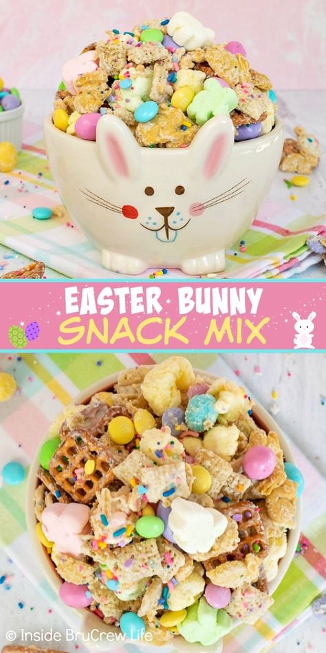 Easter Bunny Snack Mix - white chocolate covered Chex party mix loaded with sprinkles and colorful candies is a fun and delicious snack to make. Easy no bake treat to make for Easter.