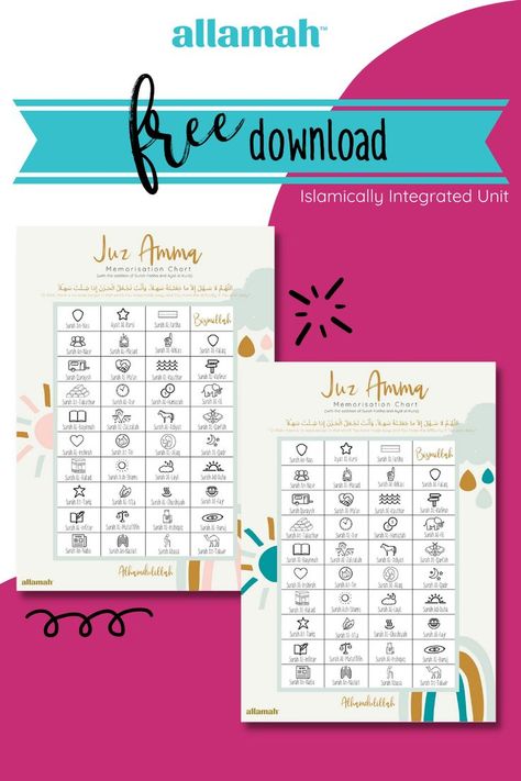 An interactive Juz Amma memorisation chart that allows your child to colour in each surah as they memorise them. Available for download in both pink and teal shades. Juz Amma Tracker, Kids Colouring Printables, Teal Shades, Muslim Kids Activities, Islamic Kids Activities, Tracker Free, Muslim Kids, Colouring Printables, Study Unit