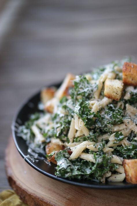 KALE CAESAR PASTA SALAD – CAFÉ CHRISTINA Pasta Kale Salad, Caesar Pasta Salad, Caesar Pasta, Kale Caesar, Something Green, Kale Caesar Salad, Caesar Salad Dressing, Croutons Homemade, Chicken Marinades