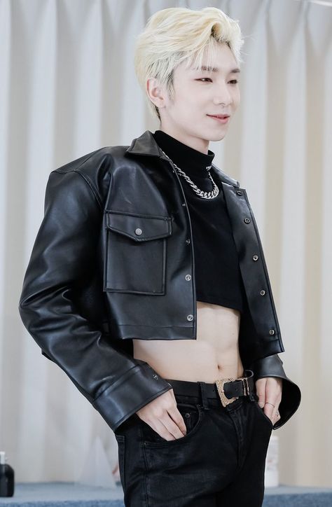 Open Chest Male Outfit, Mens Cropped Jacket Outfit, Flashy Male Outfits, Alt Crop Top Outfits, Male High Fashion Outfit, Cropped Leather Jacket Men, Revealing Male Fashion, Masc Crop Top Outfits, Revealing Outfit Men