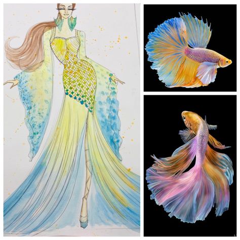 Fish Dress Fashion Style, Fish Inspired Outfit, Fish Dress Fashion, Koi Fish Dress, Fish Inspiration, Fashion Show Themes, Fashion Figure Templates, Fashion Illustration Poses, Fish Dress