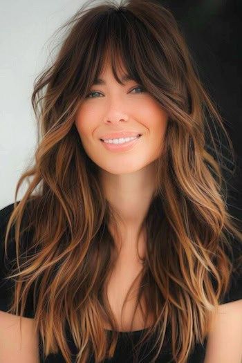 #BlondeHairGoals #BlondeTransformation #HairMakeover #BlondeBeauty #BlondeAmbition #HairInspo #BlondeBombshell #BlondeJourney #NewHairWhoDis #BlondeVibes #HairTransformation #BlondeLife #BlondeHighlights #BlondeObsessed #BlondeMagic Layered Tousled Hair, Bangstyle Hair Long Brunette, Long Brunette Hair With Layers Balayage, Bangs With Naturally Wavy Hair, Balayage On Layered Hair, Textured Long Layers, Long Bangstyle Hair 2020, Multi Hair Color, Unstyled Layered Hair