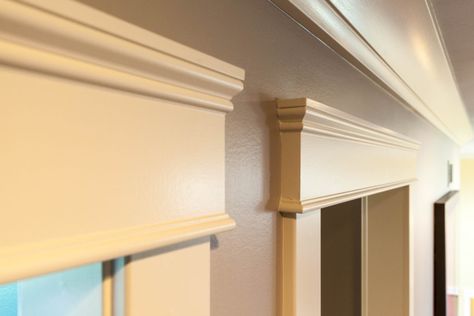 Farmhouse Moulding And Trim, Pediment Ideas, Wall Wainscoting Ideas, Cape Interior, Farmhouse Crown Molding, Farmhouse Molding, Farmhouse Style Trim, Trim Molding Ideas, Kitchen Remake