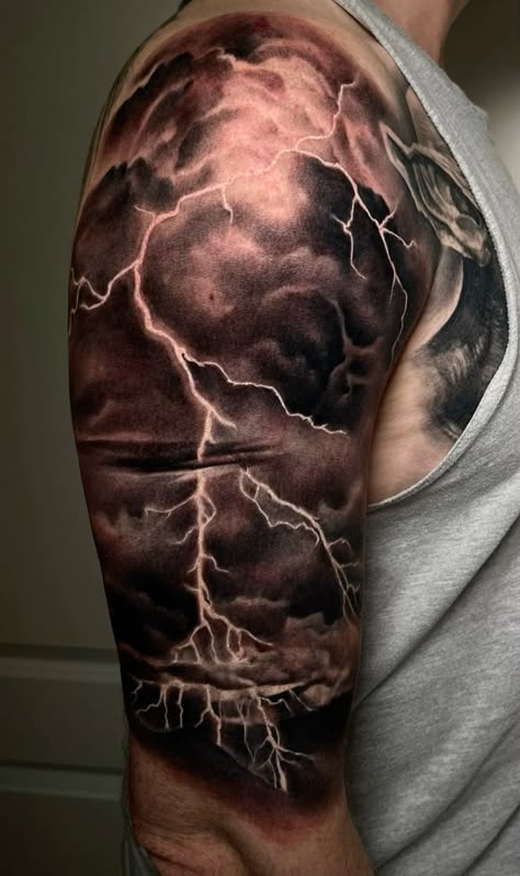 Storm Tattoo Forearm, Lightning Sky Tattoo, Storm Tattoos For Guys, Mens Storm Tattoo, Lightning Filler Tattoo, Stormy Clouds Tattoo, Tattoo Thunder And Lightning, Tattoo I Am The Storm, Thunder Lightning Tattoo