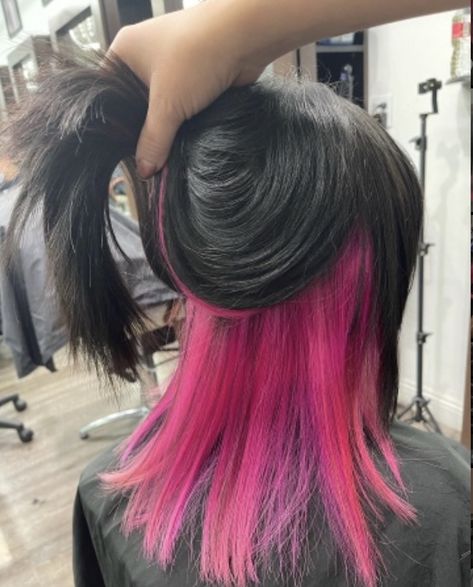 Hot Pink Peek A Boo Hair, Bottom Half Dyed Hair Pink, Peek A Boo Dyed Hair, Half Pink Hair Underneath, Pink Strands In Black Hair, Peek A Boo Hair Dye, Pink Peek A Boo Hair, Peek A Boo Pink Hair, Pink Peak A Boo