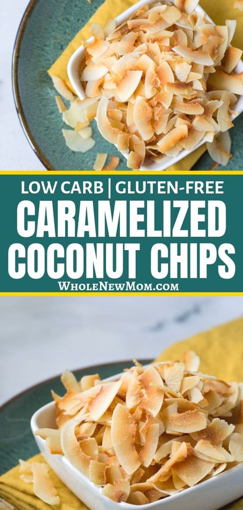 This Homemade Caramelized Toasted Coconut Chips Recipe is a fabulous easy healthy snack and one of our all time faves! It's a Copycat of Dang Brand Chips done low carb, paleo, gluten free & sugar free! #ketosnacks #lowcarbsnacke #glutenfreesnack #healthysnack #THMsnacks #AIPsnacks #vegansnacks Coconut Chips Recipe, Toasted Coconut Chips, Easy Healthy Snack, Coconut Chips, Keto Brownies, Special Diet, Diet Snacks, Paleo Snacks, Chips Recipe