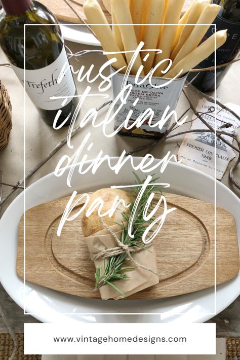 I just love creating tablescapes and I can't wait to show you a rustic italian dinner party table I put together. I started with a couple of inspiration pieces which was a small olive tree and some wine bottles. I think those things definitely say "Italian", don't you? I added some mini baquettes wrapped in parchment paper, tied with twine and a rosemary sprig tucked in at each plate. Wine bottles, wine corks and wine labels were also used to create this Italian tablescape. Rustic Italian Table Decor, Rustic Italian Tablescape, Rustic Italian Table Setting, Italian Dinner Party Table Settings, Rustic Italian Dinner Party Decor, Italian Tablescape Ideas, Italian Dinner Tablescape, Italian Dinner Party Tablescape, Rustic Italian Dinner