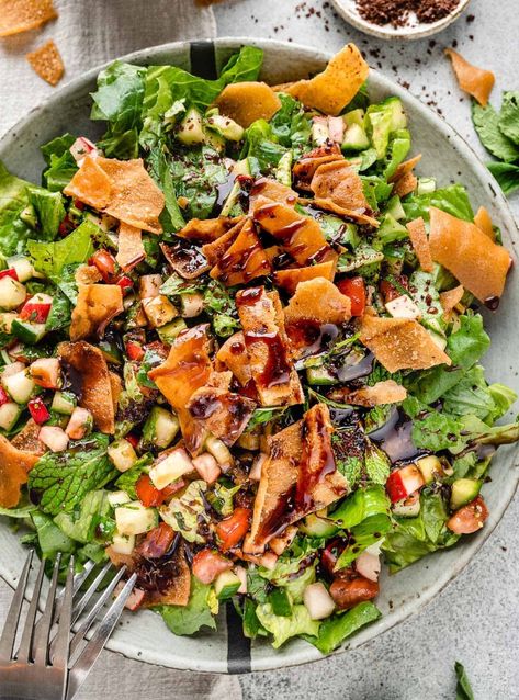 Fattoush Salad Recipe - Chefjar Greek Entrees, Work Salads, Spicy Kani Salad Recipe, Crab Meat Salad Recipe, Fattoush Salad Recipe, Mediterranean Dressing, Special Salad, Crab Meat Salad, Tabouli Recipe