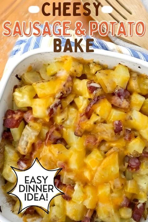 This Cheesy Sausage Potato Bake recipe combines potatoes, summer sausage and cheese into a hearty and delicious casserole the whole family loves! It’s the comfort food we crave! Potato Bake Recipe, Sausage Potato Casserole, Sausage And Potato Bake, Kielbasa And Potatoes, Sausage Casserole Recipes, Sausage Potato, Smoked Sausage Recipes, Summer Sausage, Sausage Dishes