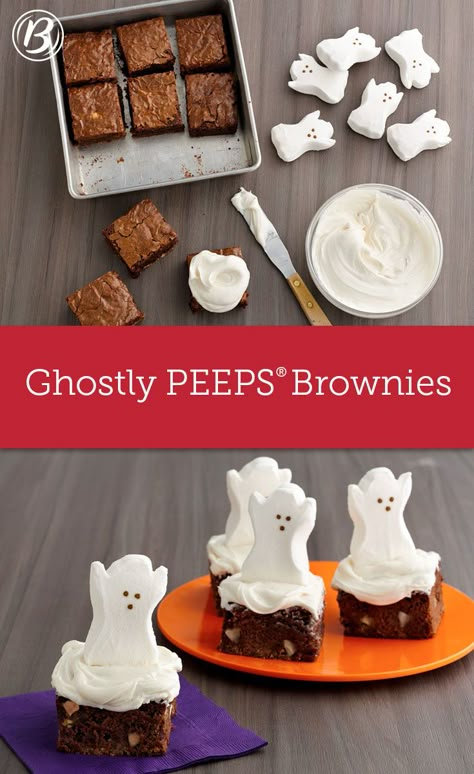 Boo! These super-cute ghosts are sure to be the, ahem, life of the Halloween party treat table. If you’re feeding a crowd, follow the directions for using a 9”x 13” pan on the box of brownie mix, then use more frosting and Peeps marshmallow ghosts as needed. Halloween Brownies, Treat Table, Halloween Party Treats, Halloween Food Treats, Halloween Baking, Halloween Goodies, Halloween Snacks, Halloween Desserts, Halloween Food For Party