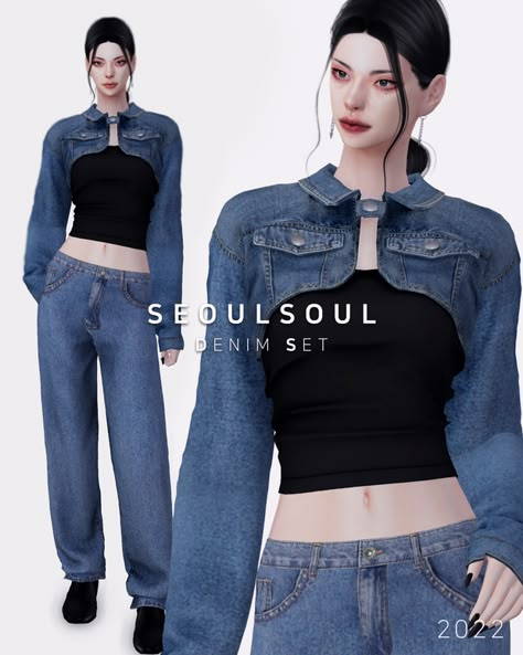 Sims4 Cc Patreon, Cc Patreon, Sims 4 Cc Eyes, Cc Mods, Sims 4 Anime, Denim Set, Pelo Sims, Free Sims, Outfit Korean