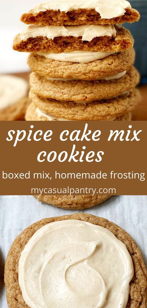 Spice Cake Mix Cookies - filled with all of the warm spices of fall, these cookies couldn't be easier to make.  A box cake mix and a few staple ingredients are all you need to make and enjoy these deliciously soft cookies. Spice Cake Mix Cookies, Spice Cake Mix Recipes, Cookies Frosting, Pumpkin Cake Mix, Cake Box Cookies, Brown Butter Frosting, Cake Mix Desserts, Spice Cake Recipes, Soft Cookies