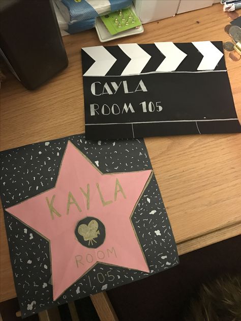 Hollywood door deca RA Hollywood Door Decorations, College Dorm Door Decorations Name Tags, Door Decks Ra, Hollywood Bulletin Board Ideas, Movie Door Decs, Ra Floor Themes Door Decs, Hollywood Crafts For Kids, Ra Dorm Door Decorations, College Door Decorations