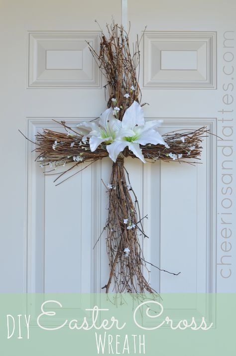 Easter cross...made one of these years ago for my Grandparents' grave.  It looked gorgeous until it was stolen.  It's a sad world these days. Easter Cross Wreath, Cross Wreath Diy, Cemetery Ideas, Twig Crafts, Gravesite Decorations, Cross Wreath, Easter Cross, Easter Season, Deco Boheme