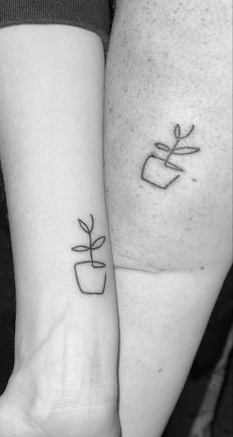 Plant Friend Tattoo, Plant Tattoo Matching, Sister Plant Tattoos, Plant Matching Tattoos, Best Friend Tattoos Plants, Plant Tattoo Ideas Simple, One Line Plant Tattoo, Matching Plant Tattoos For Best Friends, Small Plant Tattoo Simple