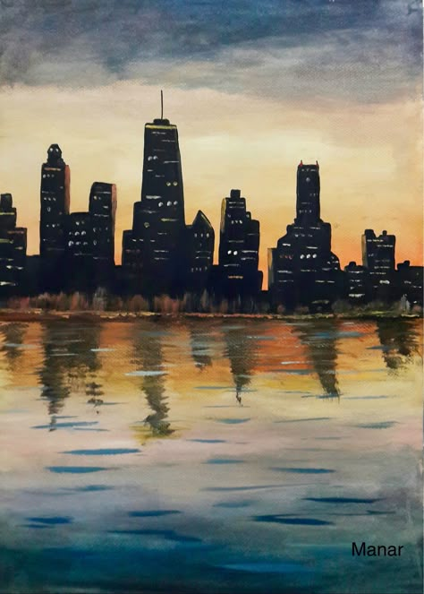 #sky #city #silhouettes #chicago #sea #sunset #sunsetpainting #oil #oilpaintings #reflection #skyscrapers#black Chicago Painting, City Scape Painting, Oil Pastel Landscape, Skyline Drawing, Sunset Canvas Painting, Shadow Drawing, Sky City, Reflection Painting, Skyline Painting