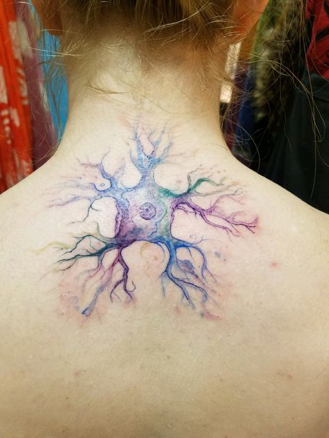 #anaxonicneuron #neuron  #tattoo Watercolor Brain Tattoo, Motor Neurone Disease Tattoo, Earthly Tattoos, Ms Tattoos Multiple Sclerosis, Neuron Tattoo, Multiple Sclerosis Tattoo, Ms Tattoos, Shawn Roberts, Awareness Tattoos