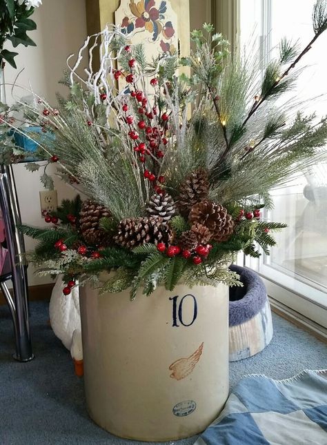 6 Gallon Crock Decor Ideas, Large Crock Decorating Ideas Farmhouse Style, Christmas Crocks Decorating, Christmas Decor With Crocks, Crock Flower Arrangements, 10 Gallon Crock Decor Ideas, Old Crocks Decor Ideas Farmhouse, Christmas Greenery Arrangements Indoor, Christmas Tree In Crock