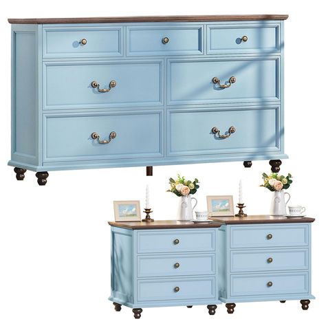 PRICES MAY VARY. [Classified Storage Space] The large dresser Measuring: 54" W × 16"D × 32"H. It has 4 large drawers and 3 small drawers, which can meet your daily storage needs. You can put your socks and jewelry in the small drawer, and the blankets, pillows, and clothing in a large drawer for easy sorting and quick access to daily essentials. The spacious tabletop can also neatly organize decorations and collectibles in your home. [Farmhouse Multi-Purpose Nightstand] Joaxswe nightstand combin Solid Wood Dresser Makeover, 2 Tone Dresser, Light Blue Dresser, Antique Makeover, Wood Dressers Makeover, Dresser Remodel, Coastal Dresser, Teal Dresser, Dresser And Nightstand