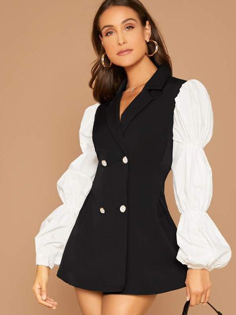 Contrast Lantern Sleeve Double Breasted Blazer Dress | SHEIN Womens Skirt Suit, Blazer And Dress Outfit Party, Tuxedo Dress Outfit, Suit Dress Outfit, Double Blazer, Real Estate Outfits, Dress With Blazer, Double Breasted Blazer Dress, Women Blazers