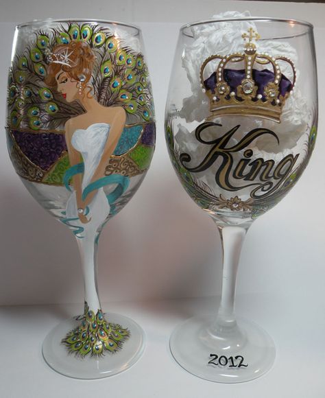 Handpainted, custom glasses for Mardi Gras Royalty.  This was the Queen and King glasses for a Carnival Ball whose theme was "Birds of a Feather".  To see more: http://www.vickimillerworksofheart.com/order.html Masquerade Wedding Invitations, Mardi Gras Invitations, Mardi Gras Wedding, Masquerade Wedding, Royal Baby Showers, Custom Glasses, Hand Painted Glassware, Queen And King, Painting Glassware