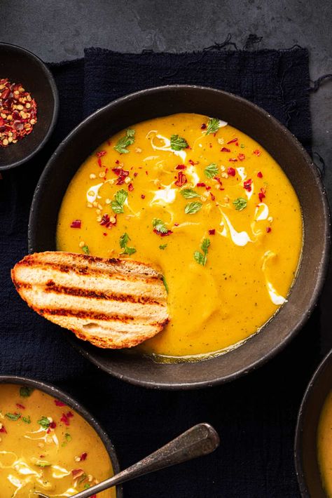 Carrot and Coriander Soup served with garlic bread