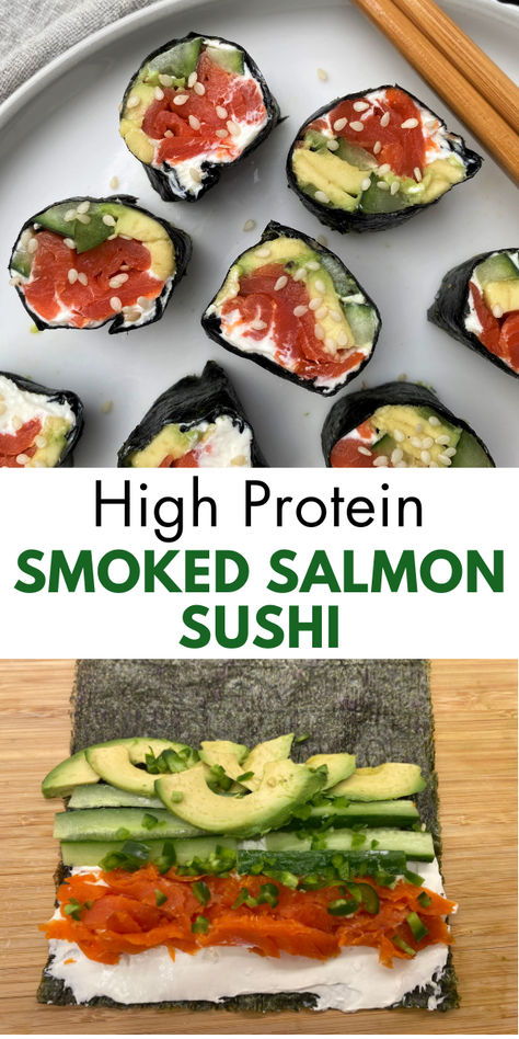 image of high protein smoked salmon without rice sushi rolls No Rice Sushi Rolls, Sushi Recipes No Rice, Sushi With No Rice, Sushi No Rice, High Protein Sushi, Homemade Sushi Rolls Recipes, High Protein Japanese Food, No Rice Sushi, Salmon For Sushi