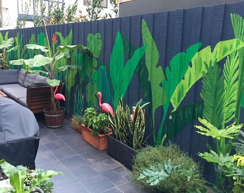 Fence Decor Ideas, Cheap Backyard Ideas, Tropical Mural, Exterior Murals, Garden Fence Art, Garden Mural, Cheap Backyard, Fence Art, Wall Murals Painted