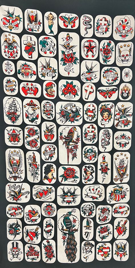 Traditional Style Patch Work Tattoo, American Traditional Artwork, American Trad Flash Sheet, Vintage American Traditional Tattoo Flash, American Traditional Western Tattoo, American Traditional Flash Sheet, Modern Traditional Tattoos, American Trad Tattoo, Small American Traditional Tattoo