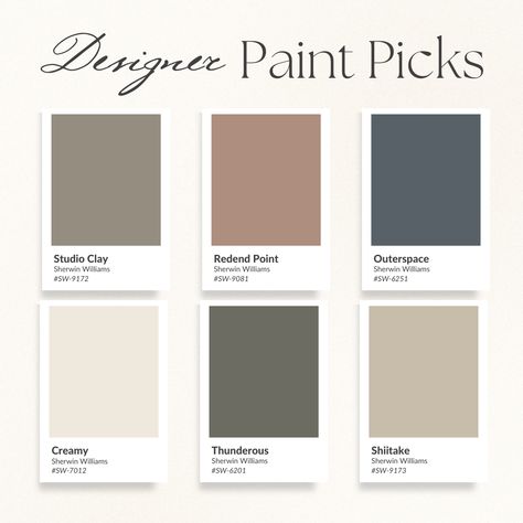 Say hello to our designer-approved palette from Sherwin Williams 🎨 From the warm embrace of Studio Clay and Redend Point, to the moody sophistication of Outerspace and Thunderous, to the timeless neutral vibes of Creamy and Shiitake — earth tones are trending for a reason: they ground our spaces and offer a serene, organic feel that’s both cozy and chic. Which shade is your favorite? 💭 

#KMCCDesignCo #SherwinWilliamsFavorites #EarthTones #InteriorColorInspo Redend Point Coordinating Colors, Cozy Earth Tone Color Palette, Mid Century Modern Neutral Color Palette, Natural Color Palette For Home, Redend Point Bathroom, Warm Muted Color Palette, Sherwin Williams Earth Tone Paint Colors, Studio Clay Sherwin Williams, Shitake Sherwin Williams Paint