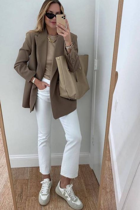 30+ Chic Business Casual Work Outfits with Sneakers That Perfectly Blend Comfort and Style Casual Work Outfits Women, Smart Casual Work Outfit, Chic Business Casual, Cream Pants, Tan Blazer, Beige Outfit, Veja Sneakers, Corporate Outfits, Pants Outfits