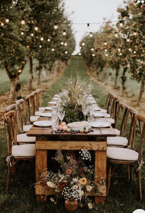 Ivory with farm tables at this orchard wedding. #orchard #gardenwedding #outside #inspiration #farmhousedecor #weddingideas Orchard Wedding, Outdoor Dinner, Apple Orchard, Wedding Mood, Wedding Cake Designs, Forest Wedding, Wedding Deco, Farm Wedding, Wedding Themes