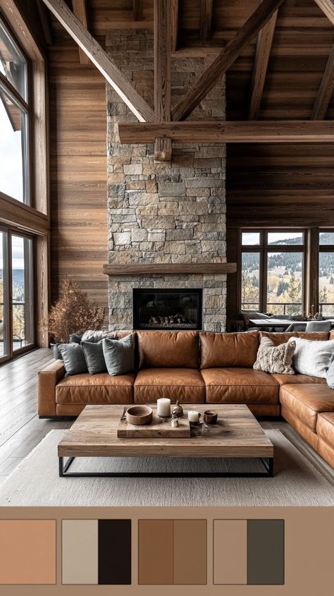 Luxurious rustic living room with leather sofa, stone fireplace, modern coffee table, and warm earthy tones, filled with Interior Design Living Room Rustic Modern, Mountain Home Great Room, Bright Rustic Living Room, Organic Modern Boho Living Room, Cozy Great Room With Fireplace, Cabin Tv Wall, Yellowstone Inspired Living Room, Rustic Earthy Living Room, Organic Rustic Living Room