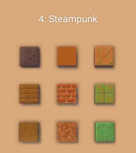 Building Palette for Minecraft, Steampunk Edition Steampunk Palette, Copper Palette, Minecraft Building Guide, Minecraft Create, Minecraft Steampunk, Minecraft Blocks, Minecraft Structures, Diy Minecraft, Minecraft Room