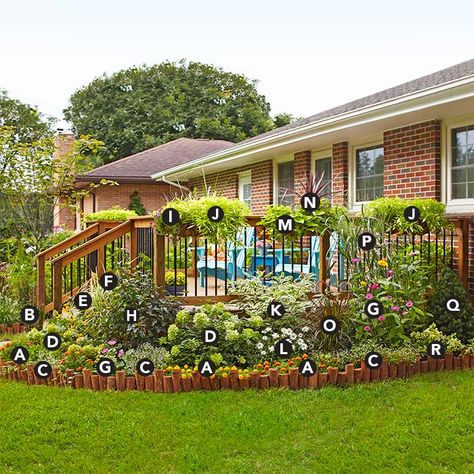 side view of deckscape Garden Bed Around Deck, Planting Around Deck, Patio Yard Ideas, Deck Railing Planters, Deck Landscaping, Outside Decorations, Patio And Garden, Patio Landscaping, Beautiful Backyards