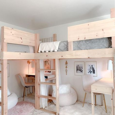 25 Loft Bed Ideas for Kids Two Lofted Twin Beds, Corner Double Loft Bed, Twin Loft Bed Ideas, Diy Double Loft Bed, Double Loft Beds For Small Rooms, Twin Loft Bed Ideas For Small Rooms, Twin Bed Aesthetic, Loft Bed Ideas For Kids, Diy Loft Bed For Kids