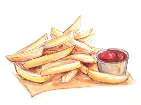 French Fries Painting, Fries Painting, French Fries Drawing, French Fries Illustration, Fries Drawing, Hand Drawing Tutorial, Food Sketches, Chalk Menu, Drink Illustration