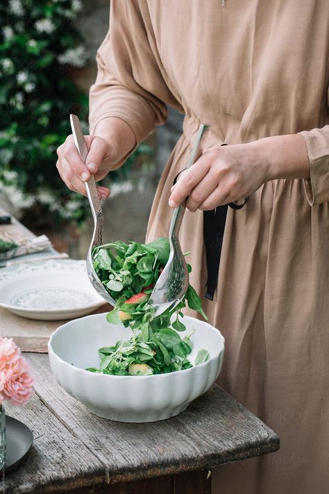 Crop woman making apple salad with nuts in bowl standing at wooden table. Salad With Nuts, Making Salad, Action Photography, Apple Salad, Farm To Table, Food Photography Styling, Refreshing Cocktails, Green Salad, Ceramic Bowl