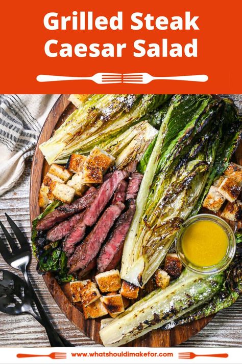 An amped up version of the classic, this grilled steak caesar salad has a smoky charred flavor and an amazing crunch that pairs deliciously with juicy, grilled steak. A perfect summer meal! Flank Steak Salad, Grilled Romaine Salad, Grilled Romaine, Summertime Salads, Salad Recipes Healthy Easy, Romaine Salad, Caesar Salad Recipe, Summer Meal, Grilled Steak