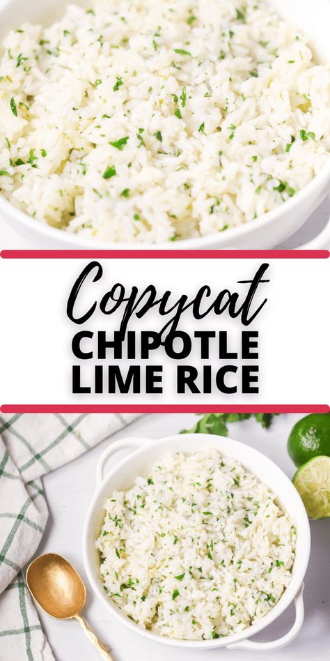 Cilantro Lime Rice is a bright and versatile side dish that will be a delish and flavorful addition to your fiesta. This easy side dish only takes 20 minutes to make! Chipotle Rice Recipe, Copycat Cilantro Lime Rice, Chipotle Lime Rice, Chipotle Cilantro Lime Rice, Cilantro Rice Recipe, Easy Rice Side Dishes, Chipotle Rice, Chipotle Copycat Recipes, Chipotle Copycat