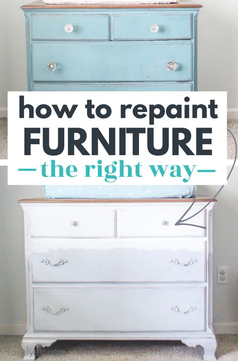 Learn how to repaint furniture with a beautiful paint finish that will last. Repainting furniture is actually a lot trickier than you might think. I'm sharing tips for dealing with chipping paint, how to paint over wax, how to deal with possible lead paint and more so you can get that perfect finish you're looking for. Repaint Dresser Diy How To Paint, How To Paint Painted Furniture, How To Repaint Dresser, How To Refinish Painted Wood Furniture, Paint For Furniture Best, Painting Over Painted Furniture, How To Paint A Wooden Dresser, What Type Of Paint To Use On Furniture, Redoing Furniture With Chalk Paint